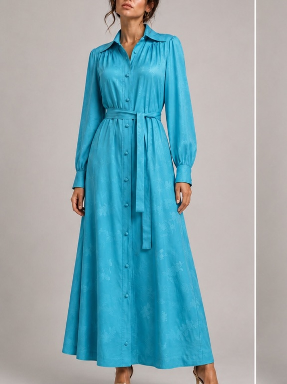 Vintage 100% Silk Jacquard Belted Maxi Duster Dress Turquoise Hong Kong 70s 80s